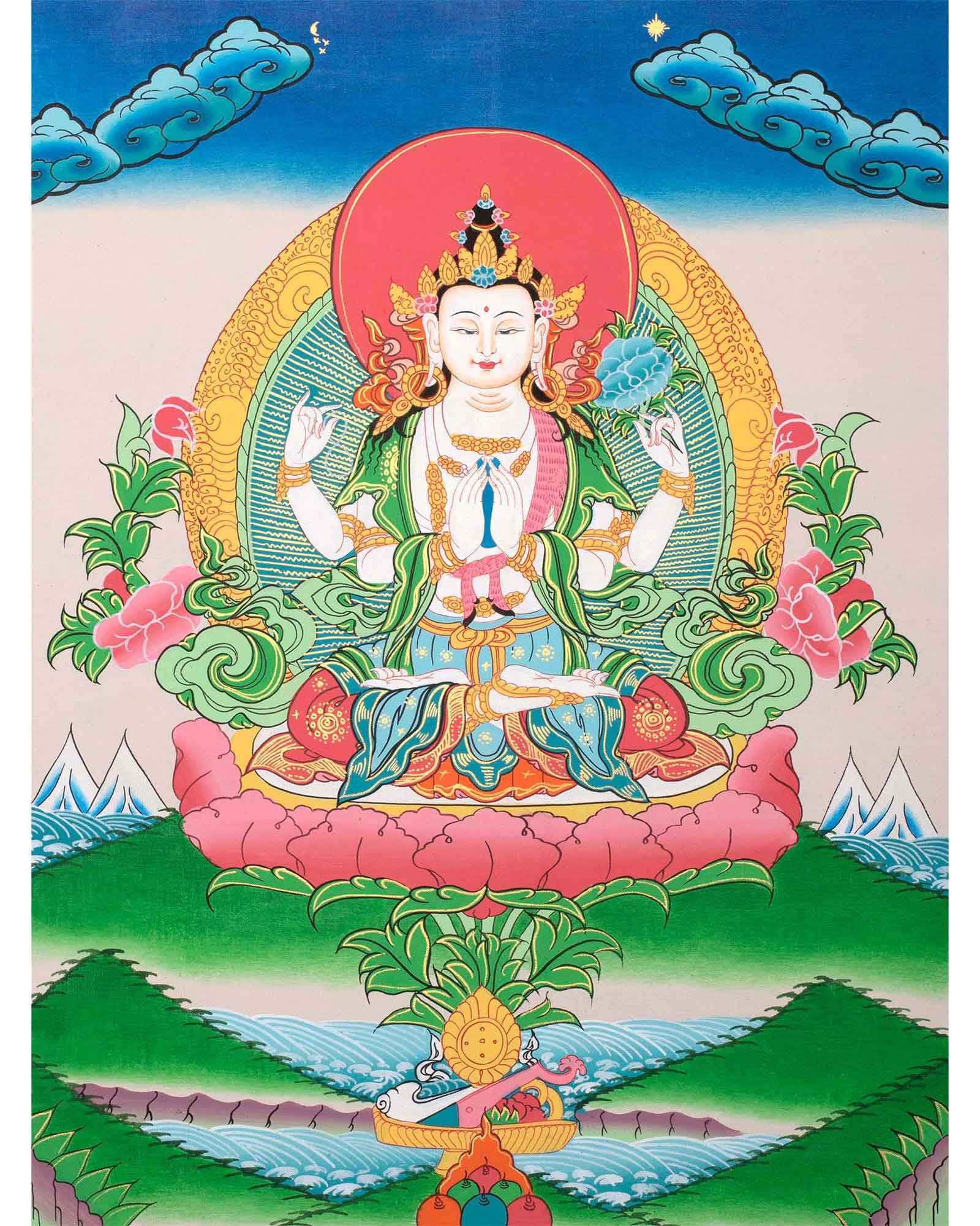 Avalokiteshvara Chenrezig Thangka | Bodhisattva Tibetan Art | Wall Han