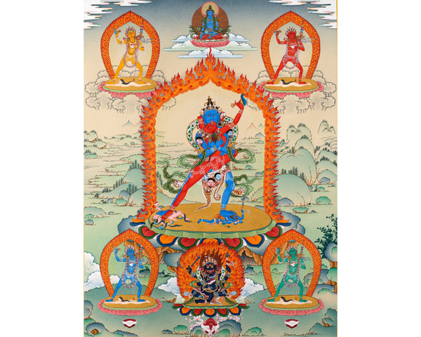 Chakrasamvara And Four Dakini | Tibetan Buddhist Thangka Art