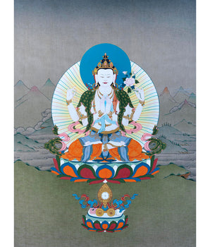 Four Armed Chenrezig Thangka Art | Tibetan Buddhist Deity Of Compassion