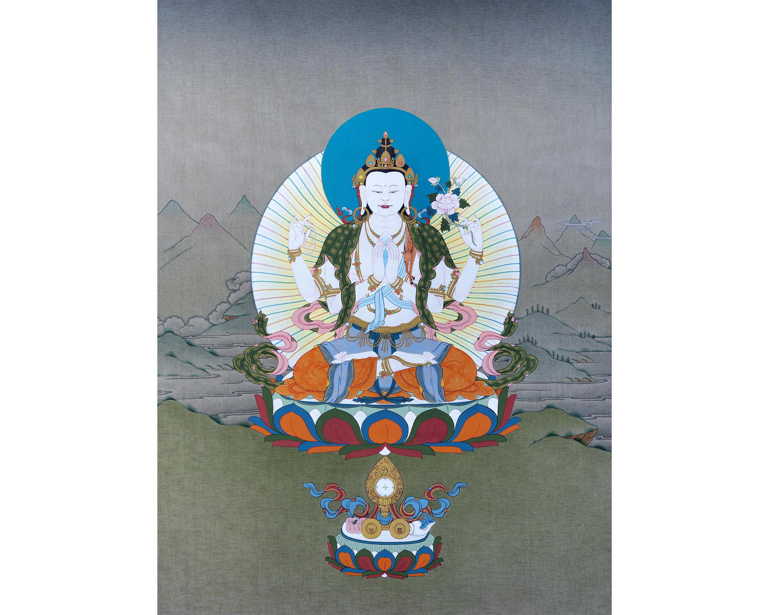 Four Armed Chenrezig Thangka Art | Tibetan Buddhist Deity Of Compassion