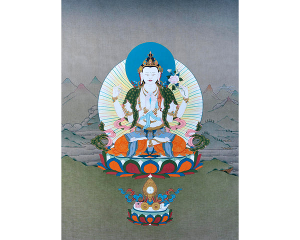 Four Armed Chenrezig Thangka Art | Tibetan Buddhist Deity Of Compassion