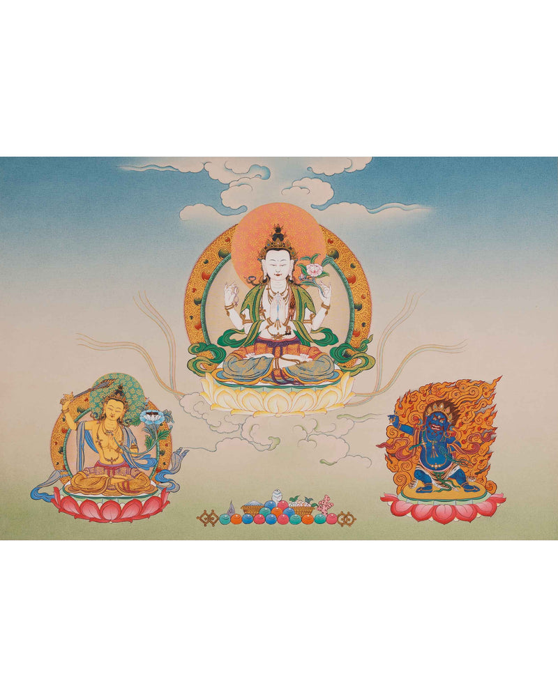 Traditional Chenrezig Empowerment Thangka | Chenrezig With Manjushri And Vajrapani Art
