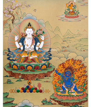 Tibetan Bodhisattvas Thangka | Chenrezig. Manjushri and Vajrapani