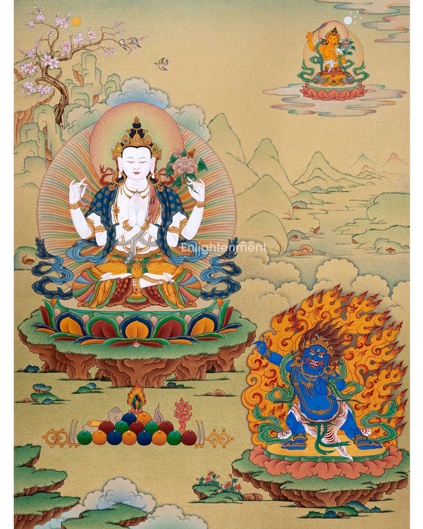 Tibetan Bodhisattvas Thangka | Chenrezig. Manjushri and Vajrapani