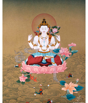 4 Arm Chenrezig Thangka For Buddhism Practice | Traditional Tibetan Himalayan Art