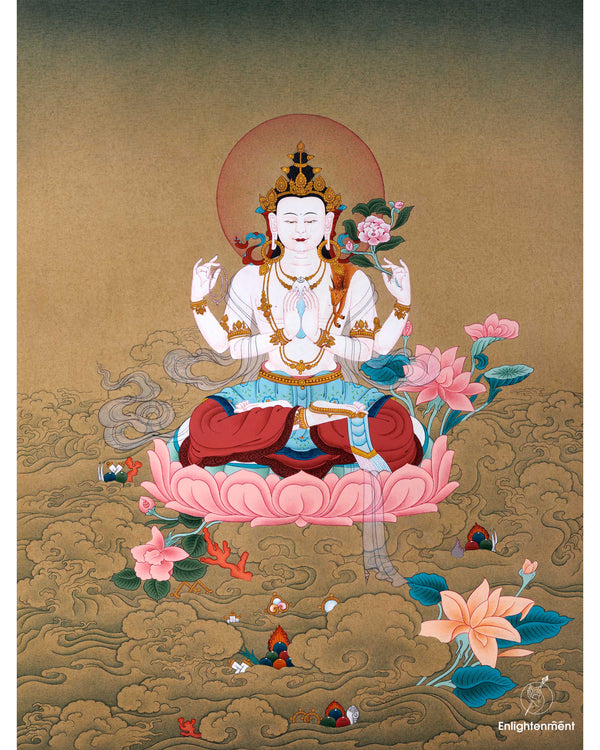 4 Arm Chenrezig Thangka For Buddhism Practice | Traditional Tibetan Himalayan Art