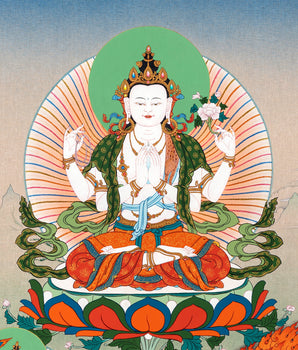 Avalokiteshvara- Chenrezig, Manjushri & Vajrapani Thangka Painting, Tibetan Buddhist Art