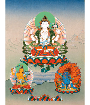 Avalokiteshvara- Chenrezig, Manjushri & Vajrapani Thangka Painting, Tibetan Buddhist Art