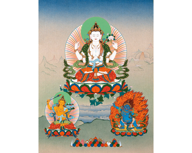 Avalokiteshvara- Chenrezig, Manjushri & Vajrapani Thangka Painting, Tibetan Buddhist Art