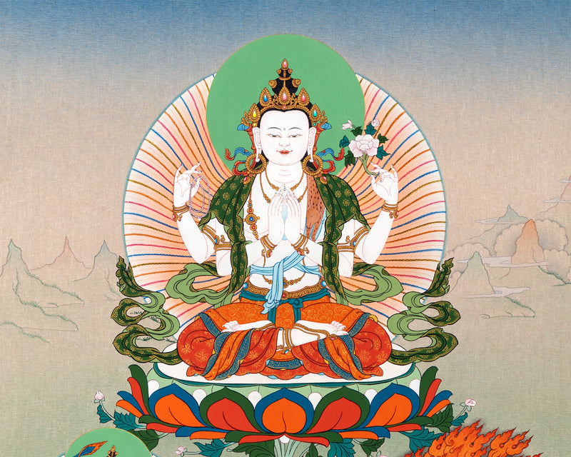 Avalokiteshvara- Chenrezig, Manjushri & Vajrapani Thangka Painting, Tibetan Buddhist Art