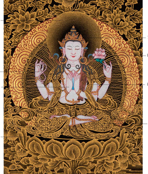 Four Armed Chenrezig Art | Tibetan Bodhisattva Mini Thangka