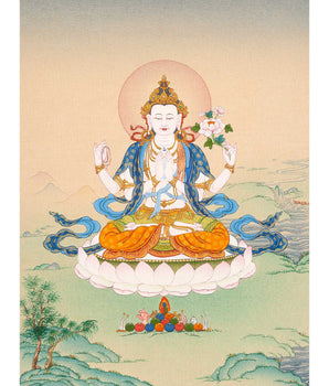 Chenrezig Buddha Thangka Art | Hand-Painted Buddhist Deity Painting