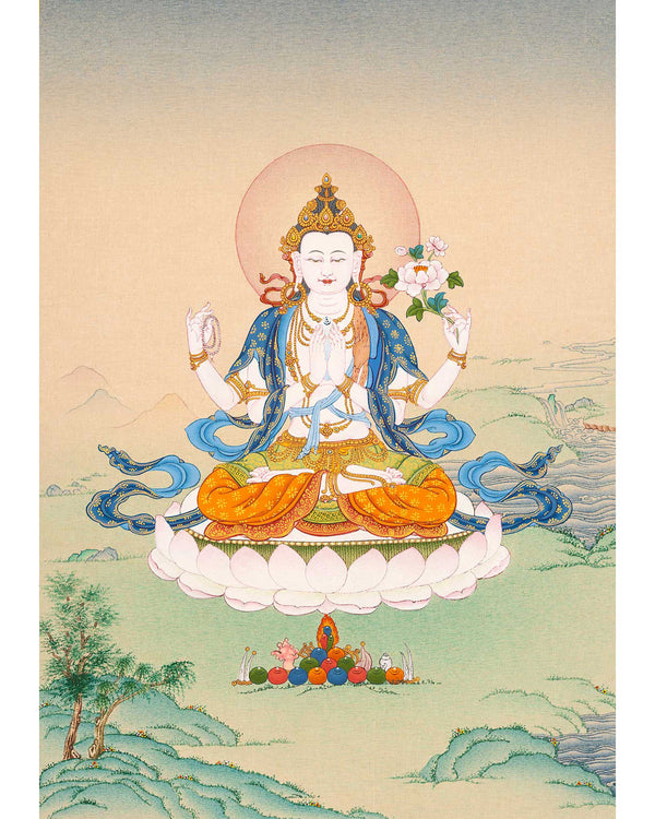 Chenrezig Buddha Thangka Art | Hand-Painted Buddhist Deity Painting