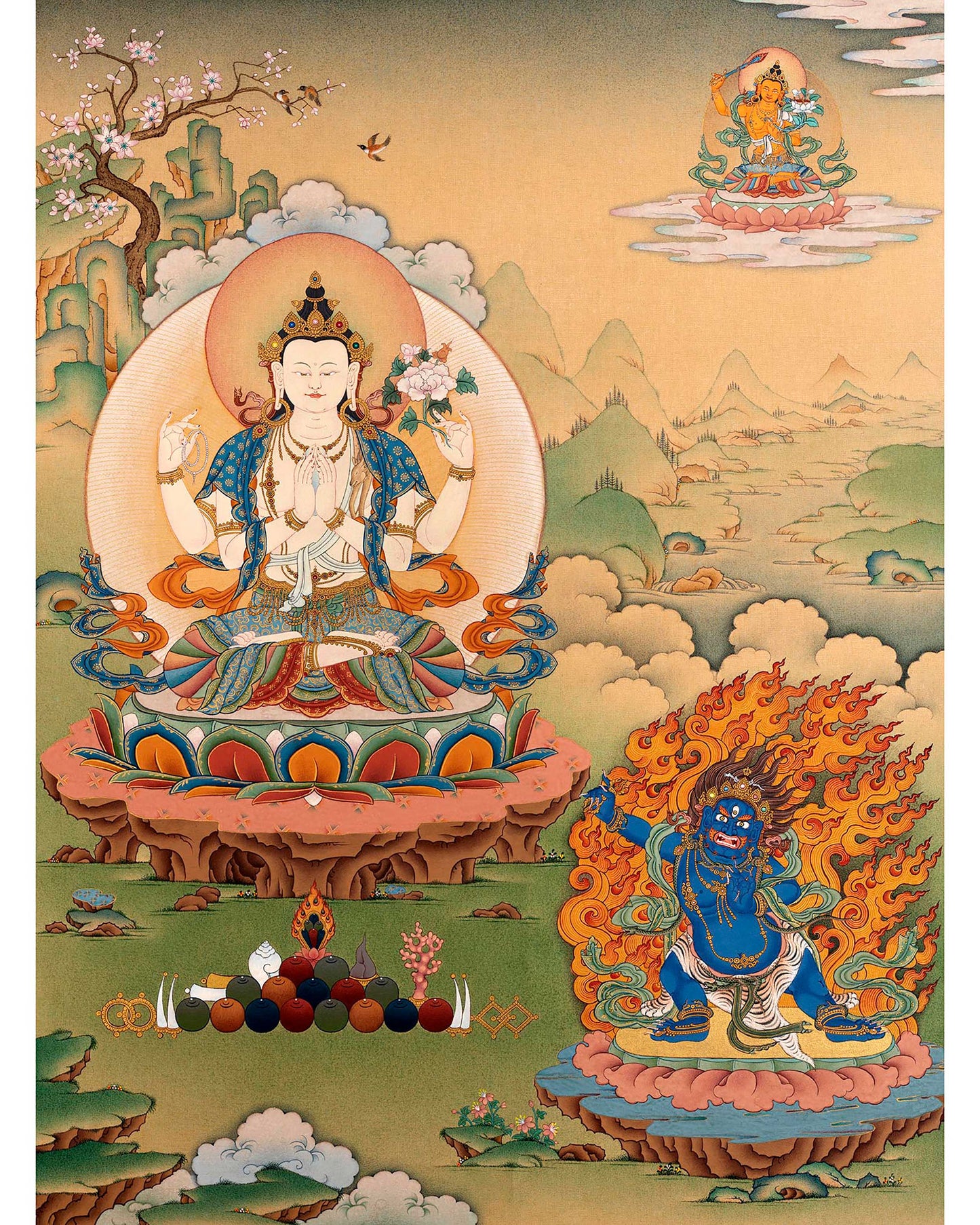 Bodhisattva Thangka | Chenrezig, Manjushri, Vajrapani | 24K Gold Tibetan Art