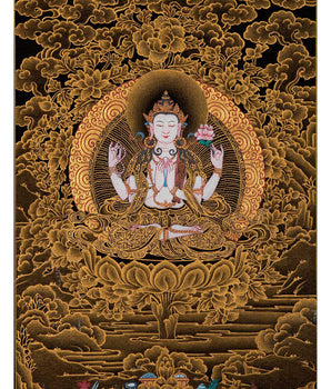 Four Armed Chenrezig Art | Tibetan Bodhisattva Mini Thangka