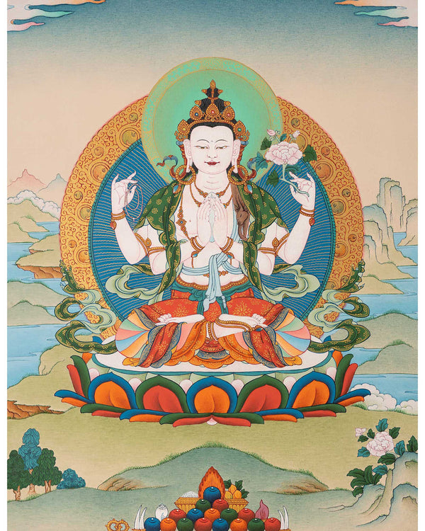 4 Armed Avalokiteshvara Thangka | High-Quality Tibetan Art