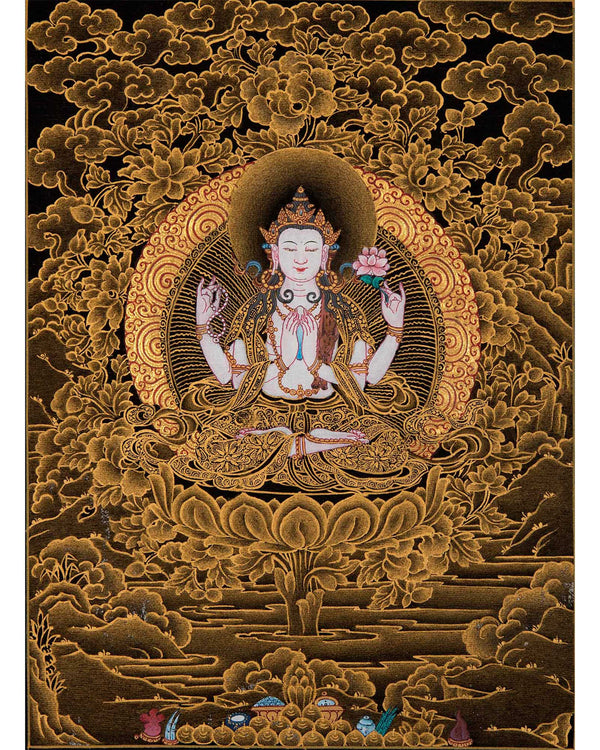 Four Armed Chenrezig Art | Tibetan Bodhisattva Mini Thangka