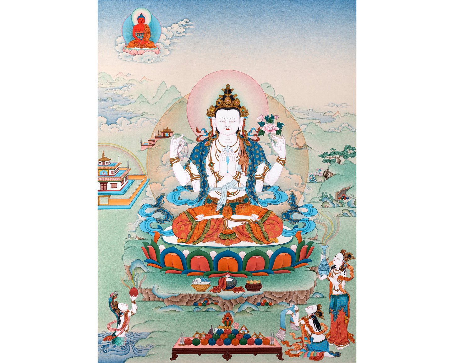 Avalokiteshvara- Chenrezig Bodhisattva Thangka, Tibetan Vajrayana Buddhist Painting