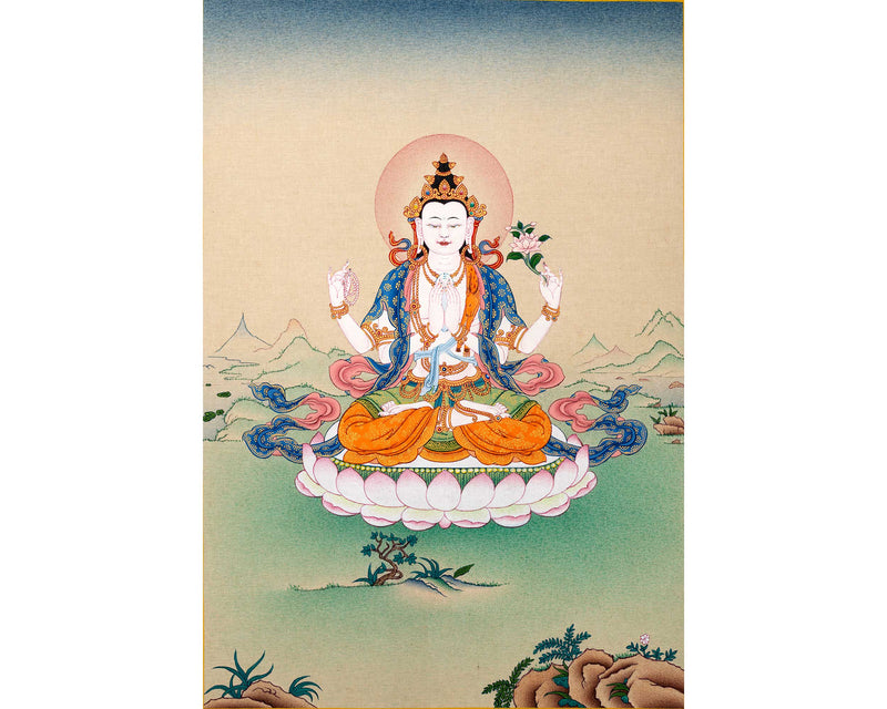 Four Arm Chenrezig Avalokiteshvara Thangka | Bodhisattva Painting