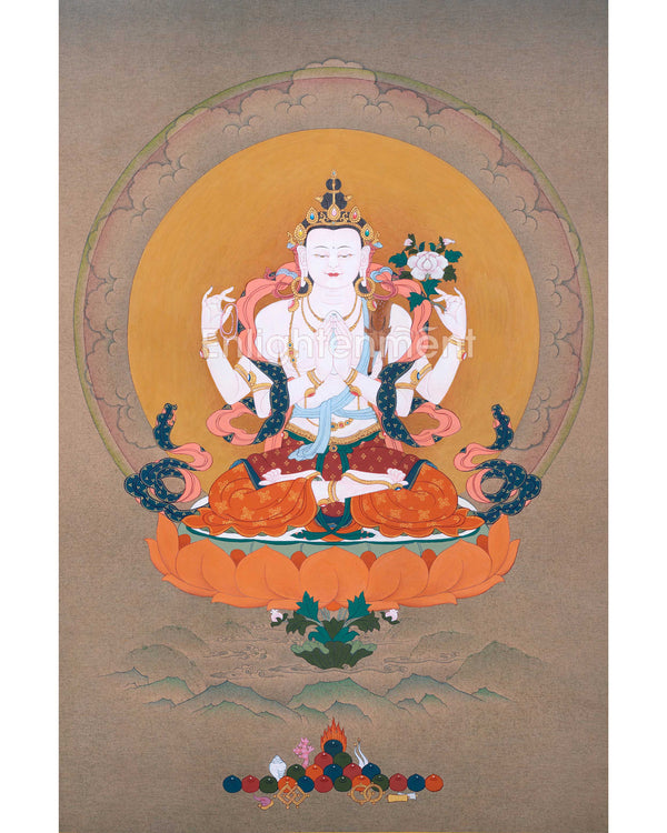 Traditional Tibetan Thangka For Chenrezig Mantra Practice | The Bodhisattva Of Compassion Art On Cotton Cavnas