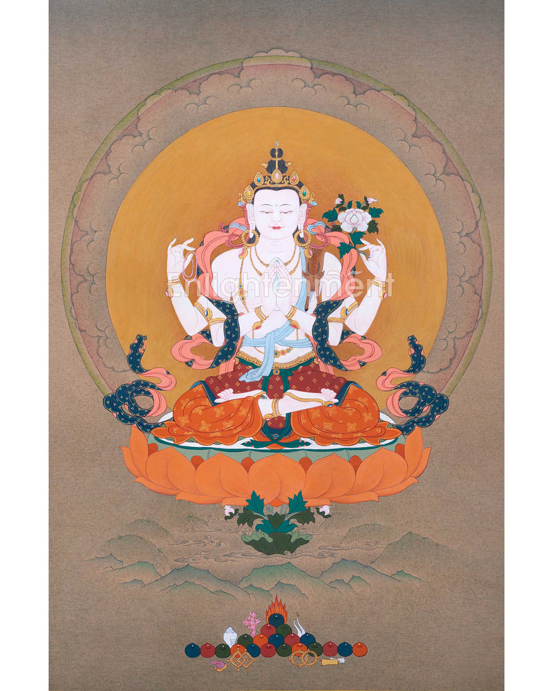 Traditional Tibetan Thangka For Chenrezig Mantra Practice | The Bodhisattva Of Compassion Art On Cotton Cavnas