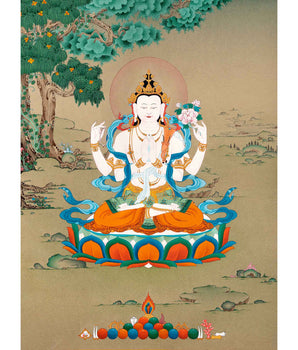 Small Avalokiteshvara Thangka | Traditionally Hand Painted 24K Gold Buddhist Painting