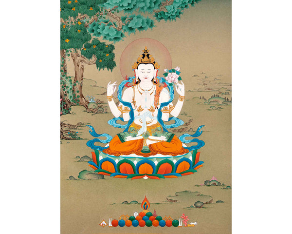 Small Avalokiteshvara Thangka | Traditionally Hand Painted 24K Gold Buddhist Painting