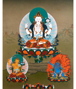 Chenrezig With Manjushri And Vajrapani | Bodhisattva Thangka
