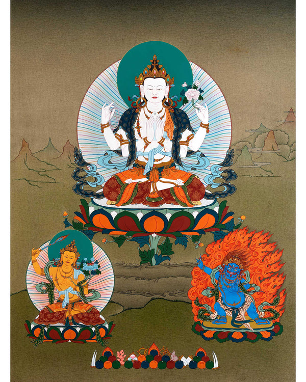 Chenrezig With Manjushri And Vajrapani | Bodhisattva Thangka