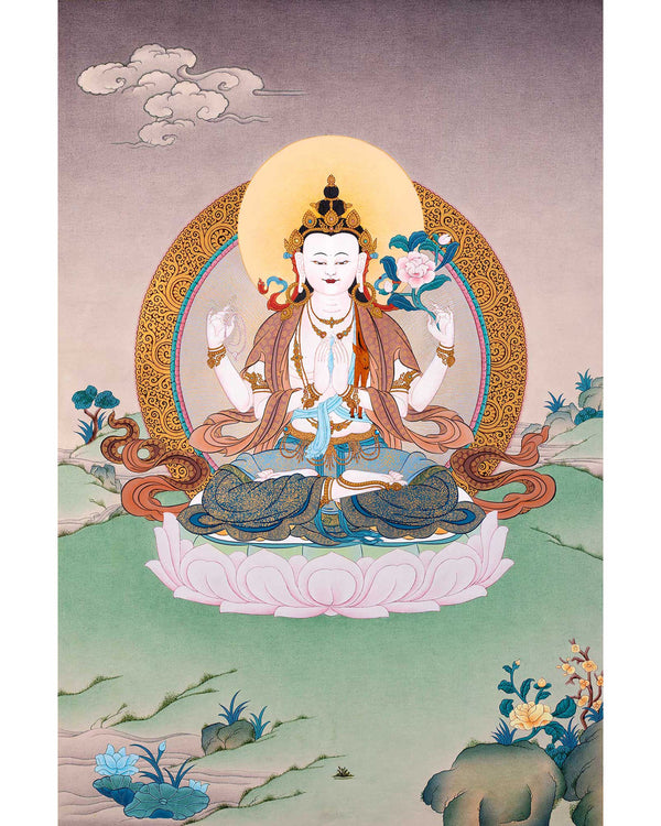 4 Armed Chenrezig Thangka | High Quality Avalokiteshvara Painting