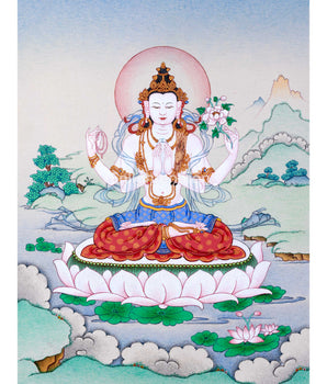 Sacred Chenresig Avalokiteshvara Thangka | Deity of Compassion | Traditional Karma Gadri Style
