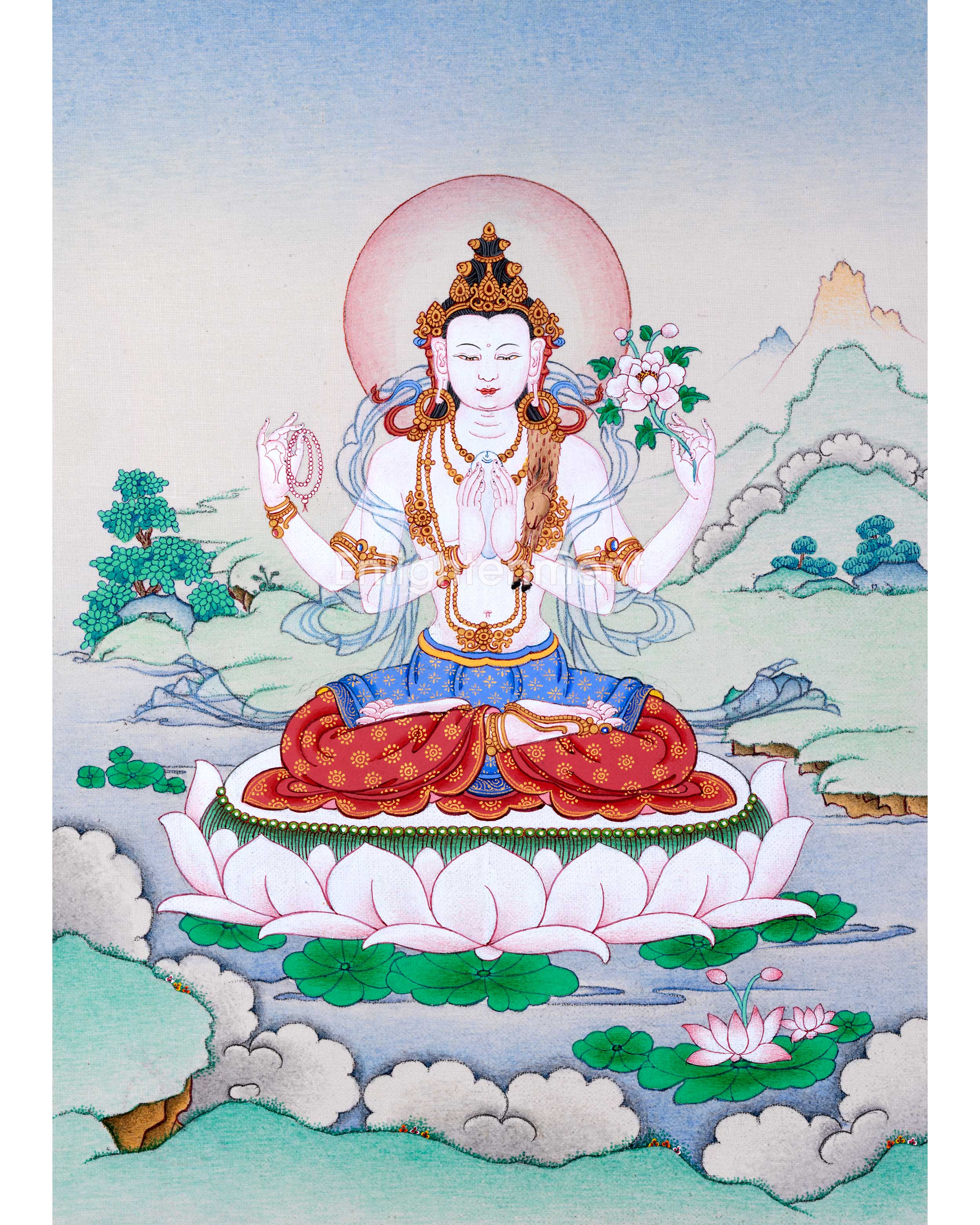 Sacred Chenresig Avalokiteshvara Thangka | Deity of Compassion | Traditional Karma Gadri Style