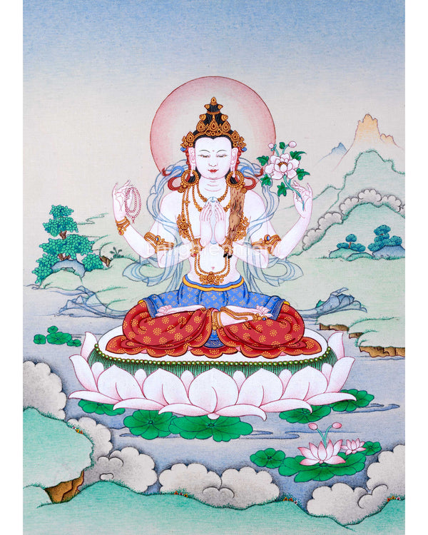 Sacred Chenresig Avalokiteshvara Thangka | Deity of Compassion | Traditional Karma Gadri Style