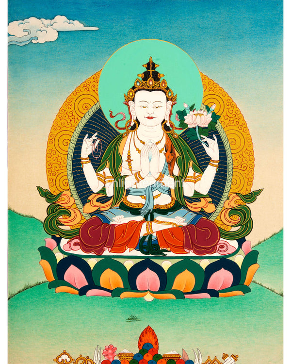 Buddhist Chenrezig Thangka | Art Inspiring Divine Compassion, Peace, and Enlightenment