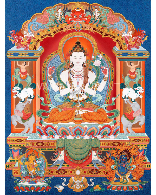 Chenrezig with Manjushri and Vajrapani Thangka | Vajrayana Print With High Quality Giclee