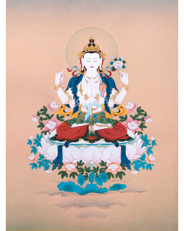 The Compassion Bodhisattva Chenrezig Thangka Art | Four Armed Chenrezig Hand Painted Art For Wall Decoration