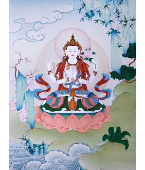 Avalokiteshvara Mantra Tibetan Thangka Using Stone Colors | Himalayan Buddhist Sacred Art Of Chenrezig