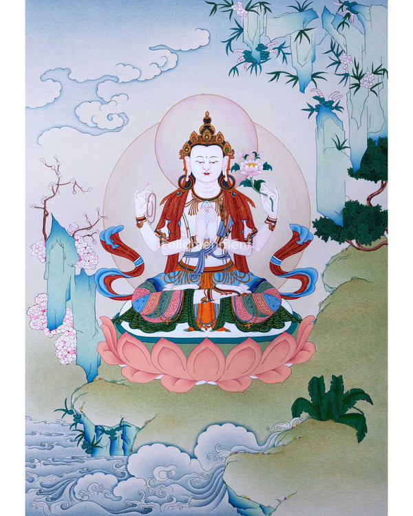 Avalokiteshvara Mantra Tibetan Thangka Using Stone Colors | Himalayan Buddhist Sacred Art Of Chenrezig