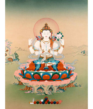 Four Armed Chenrezig Thangka | Traditional Bodhisattva Art