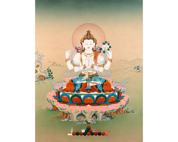 Four Armed Chenrezig Thangka | Traditional Bodhisattva Art