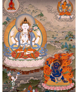 Bodhisattva Thangka | Chenrezig with Vajrapani, Manjushri and Amitabha Buddha