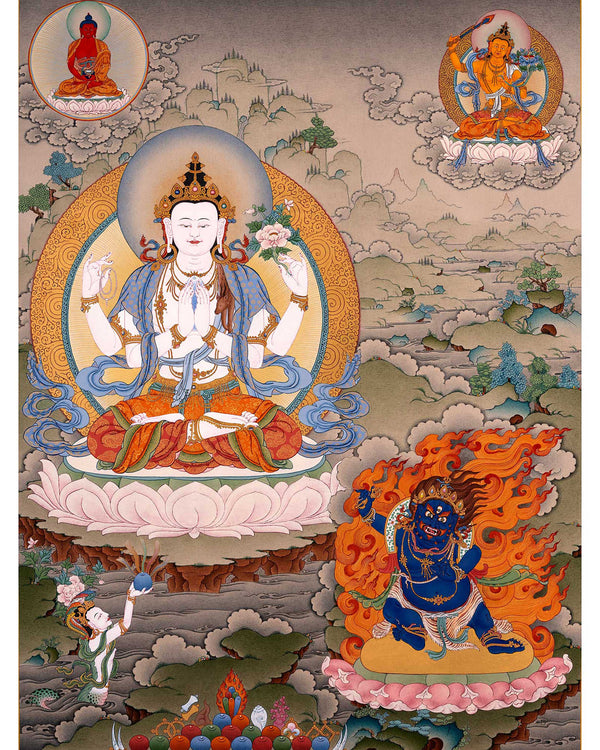 Bodhisattva Thangka | Chenrezig with Vajrapani, Manjushri and Amitabha Buddha