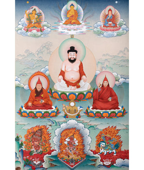Rare Tibetan Thangka of Drupchen Jho Rigdzin with Lineage Masters