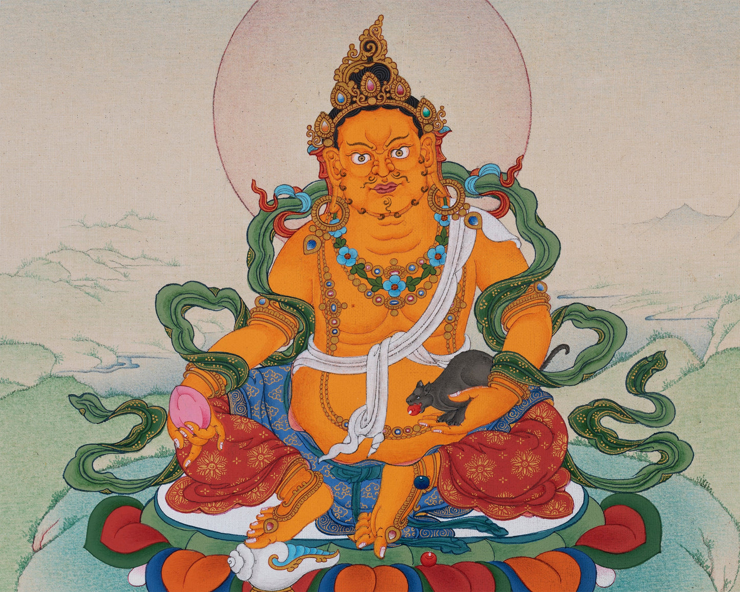 Jambala Thangka | Dzambala Wealth Deity | Hand-Painted with Natural Stone Color And 24K Gold