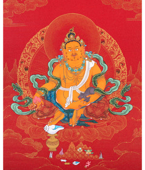 Jambala Thangka | Dzambhala Painting | Hand-painted Buddhist Wealth Deity | Red And Gold