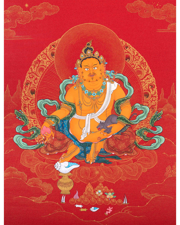 Jambala Thangka | Dzambhala Painting | Hand-painted Buddhist Wealth Deity | Red And Gold