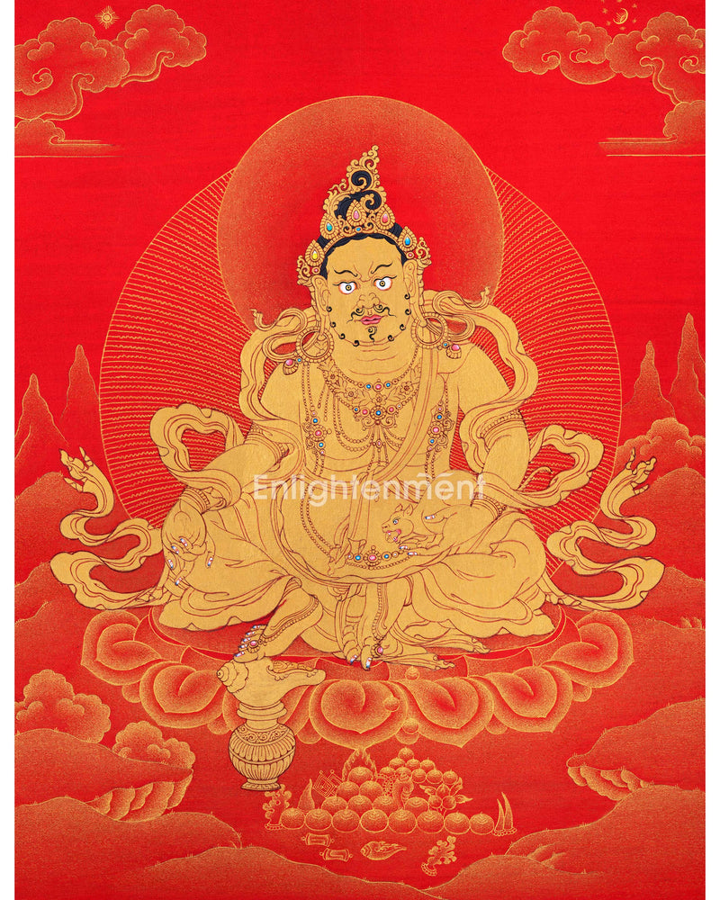 Hand-Painted Himalayan Thangka For Jambhala Mantra Practice | Traditional Wealth Deity Artwork