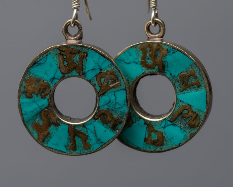 Traditional Tibet Earrings With Turquoise | Om Mani Padme Hum Inlay Earrings