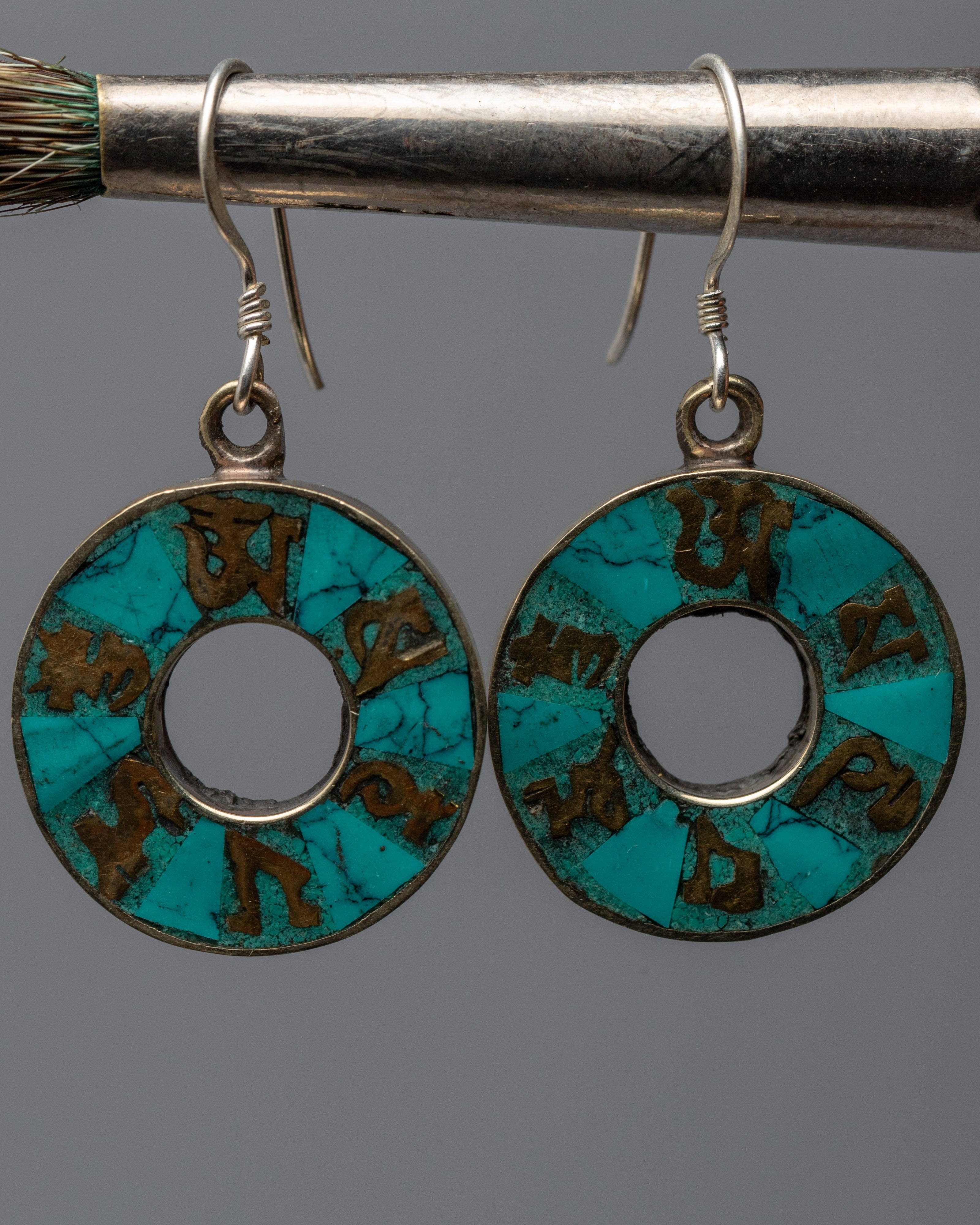 Traditional Tibet Earrings With Turquoise | Om Mani Padme Hum Inlay Earrings