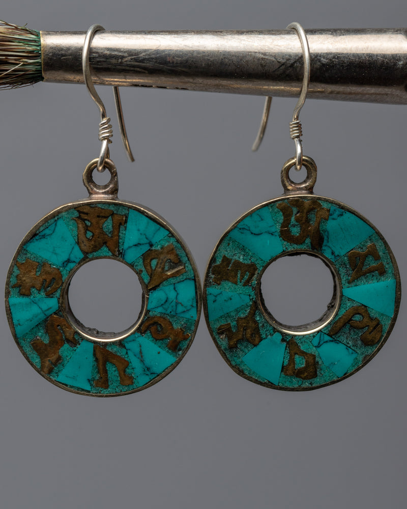 Traditional Tibet Earrings With Turquoise | Om Mani Padme Hum Inlay Earrings